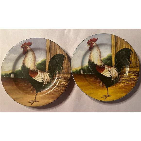 TWO 8” Rooster Plates - David Carter Brown Collection for Sakura "On the Farm" - Picture 1 of 4